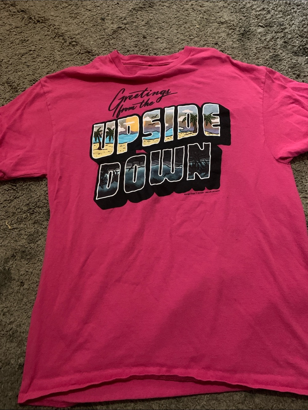 Stranger Things Men's Hot Pink Graphic Tee - 'Upside Down'